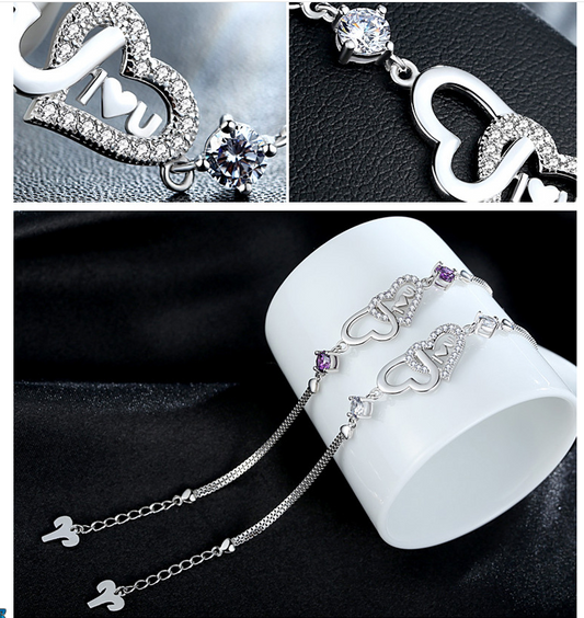 925 Silver Crystal Double Heart Bracelet